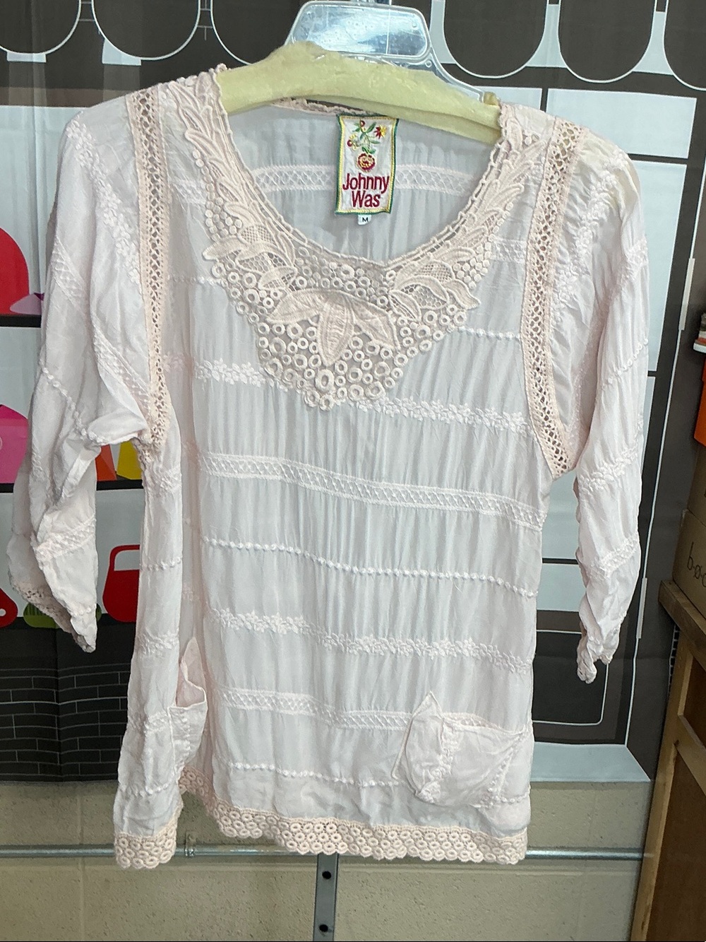 Johnny Was Pale Pink Crochet Trim Cotton Tunic sz m #2288